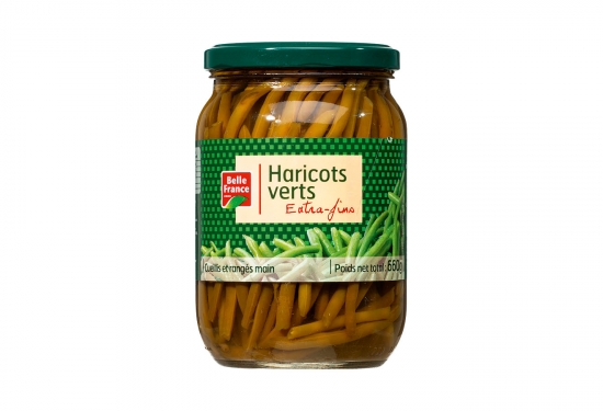 Bocal de haricots verts extra-fins cueillis, rangés main