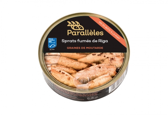 Petites sardines fumées de Riga huile de colza et graines de moutarde