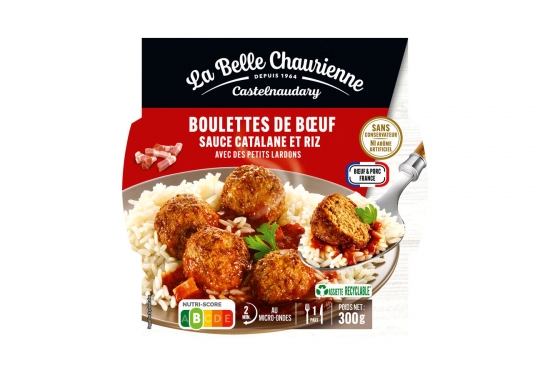 Boulettes pur boeuf sauce catalane et riz avec des petits lardons